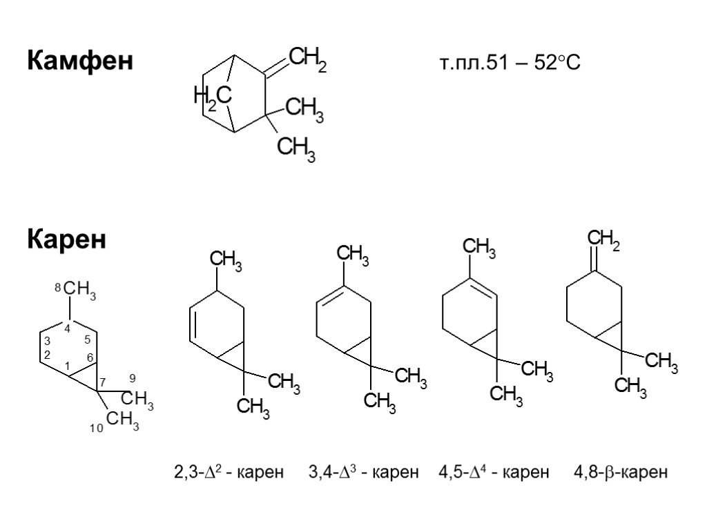 Камфен т.пл.51 – 52С Карен 2,3-2 - карен 3,4-3 - карен 4,5-4 - карен